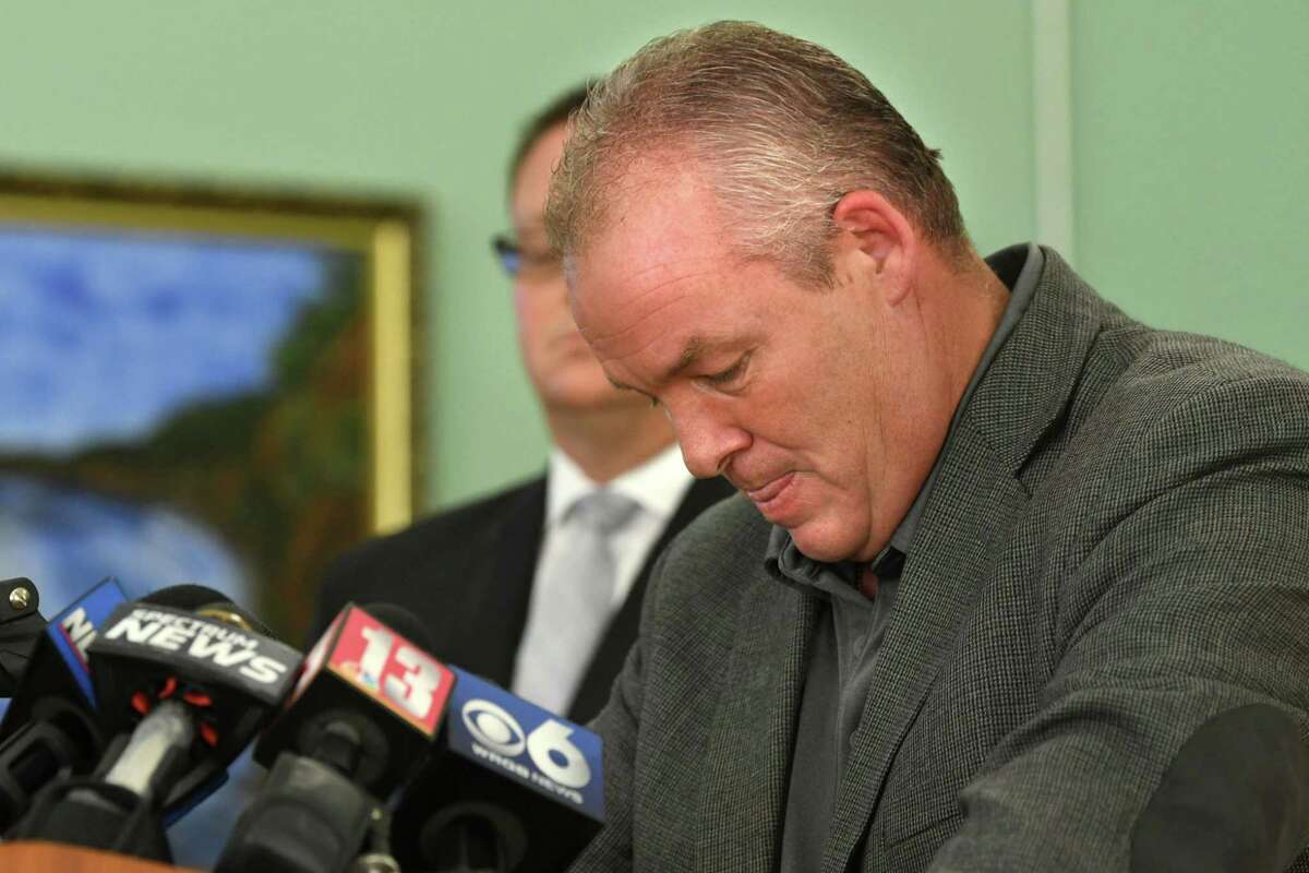 Cohoes Mayor Shawn Morse gets choked up and composes himself as he holds a press conference to speak out about the latest allegations and what's been going on with his family's life at Cohoes City Hall on Monday, Sept. 17, 2018 in Cohoes, N.Y. Morse said he doesn't plan on stepping down from his job. (Lori Van Buren/Times Union)