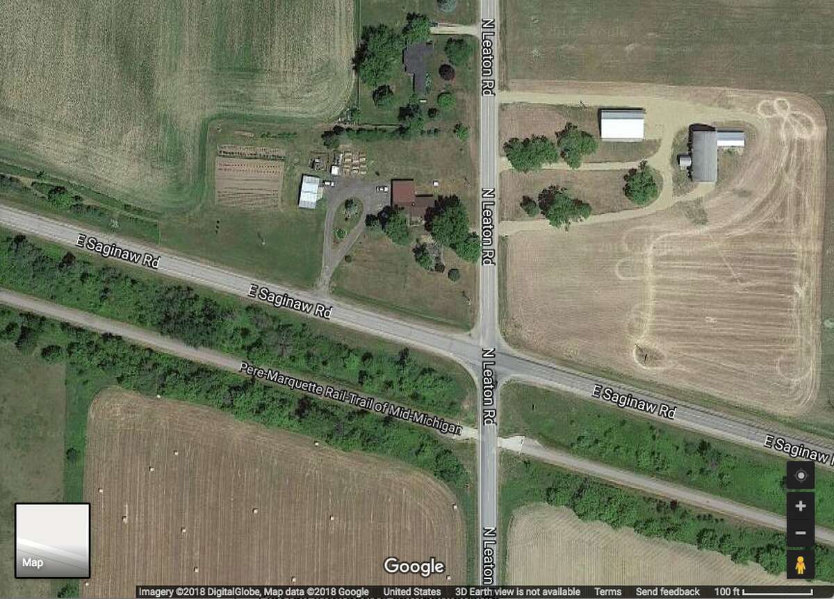 A Google Maps screenshot of the intersection of Leaton Road and the Pere Marquette Rail-Trail.