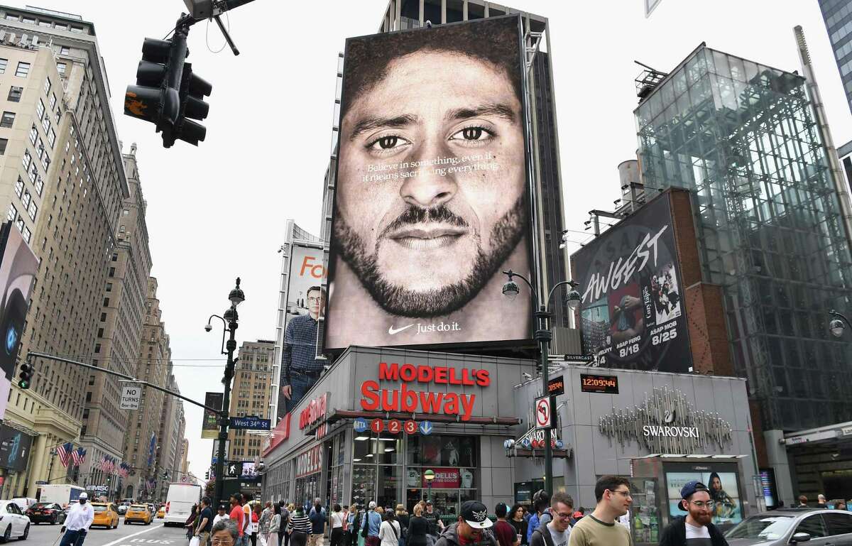 A Nike Ad featuring American football quarterback Colin Kaepernick on display September 8, 2018 in New York City.