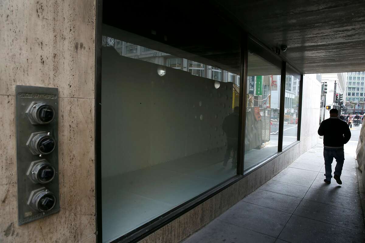 Storefront windows are bare at the Macy�s men�s store, where upper floors are being converted to office space, is seen in San Francisco, Calif. on Tuesday, Sept. 18, 2018. Supervisor Aaron Peskin is planning to introduce legislation which would place limits on the amount of retail and commercial space that can be converted to office use in the Union Square area.