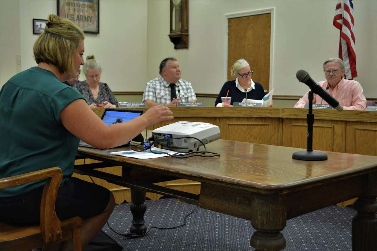 Winchester School Superintendent Melony Brady-Shanley discusses Pearson School's improvement in test scores at a Winsted Board of Selectmen meeting on Monday.