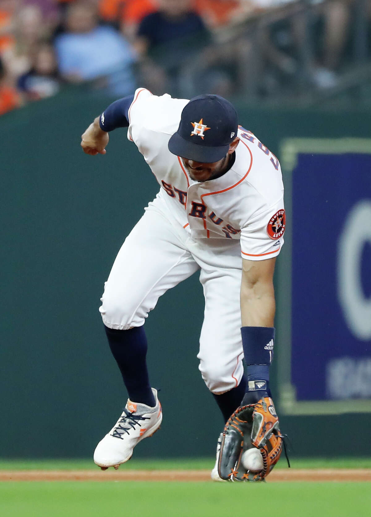 August 10, 2018: Houston Astros manager AJ Hinch (14) watches during a  Major League Baseball game between the Houston Astros and the Seattle  Mariners on 1970s night at Minute Maid Park in