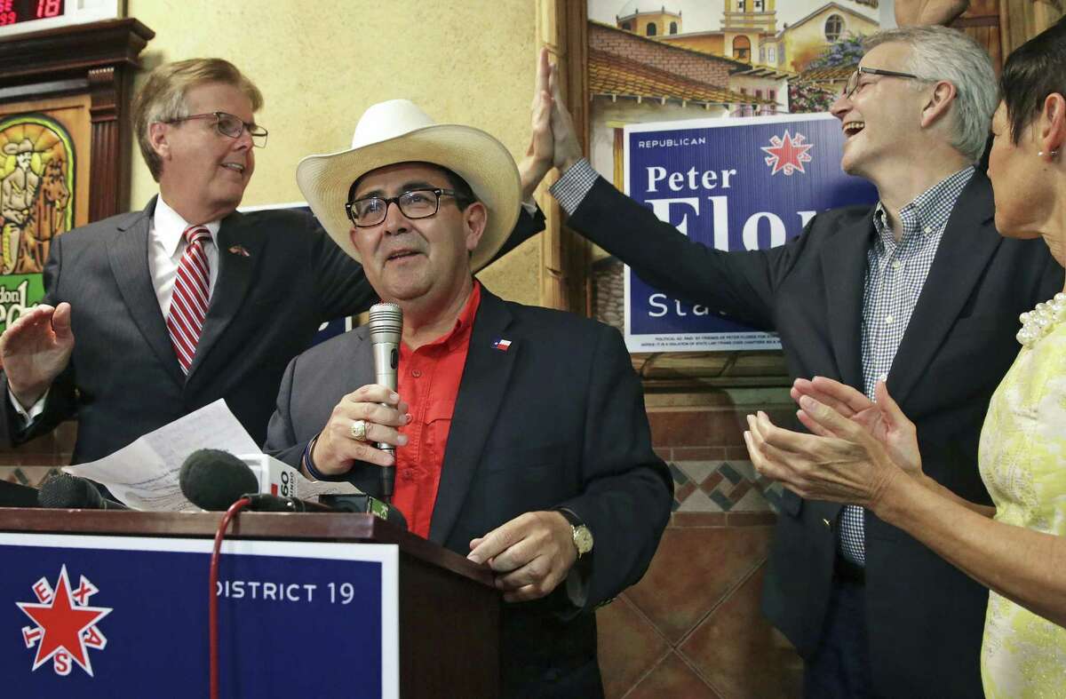 Pete Flores addresses the crowd at Don Pedro restaurant as Lt. Governor Dan Patrick and Republican Part Chairman James Dickey ccelebrate during the Senate District 19 special election in San Antonio on September 18, 2018. State Senator Donna Campbell is on the right.