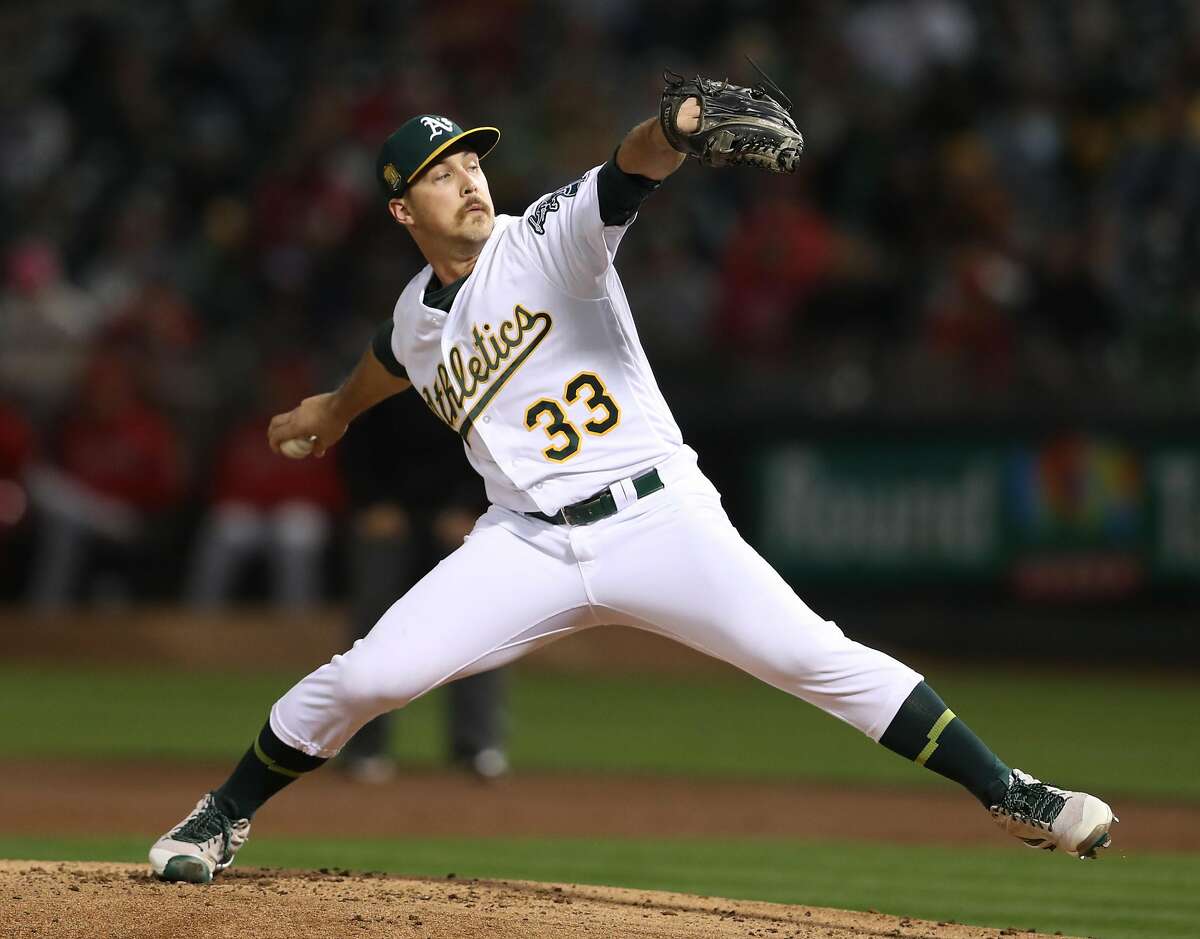 Oakland Athletics' Daniel Mengden pitches in 2nd inning against Los Angeles Angels during MLB game at Oakland Coliseum in Oakland, Calif. on Tuesday, September 18, 2018.