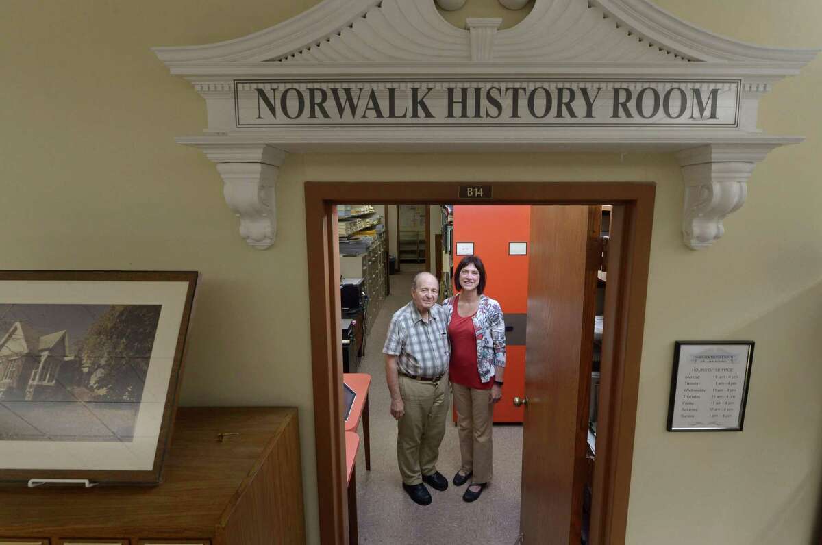 Norwalk Library volunteer Ralph Bloom and archivist Lynn Hildebrand in the basement level Norwalk History Room Tuesday, September 18, 2018, in Norwalk, Conn. This Sunday, Norwalk Library will celebrate the 5th anniversary of its History Room with a reception featuring High Tea, a photo exhibit of Norwalk History, the newly digitized Norwalk Hour, and talks from Norwalk history authors and citizen researchers.