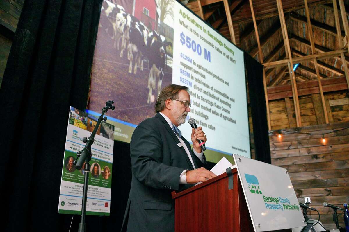 Saratoga Partnership President Marty Vanags unveils the first-ever Saratoga County Agricultural Index during a luncheon at the Ellms Family Farm Wednesday Sept. 19, 2018 in Ballston, NY. (John Carl D'Annibale/Times Union)