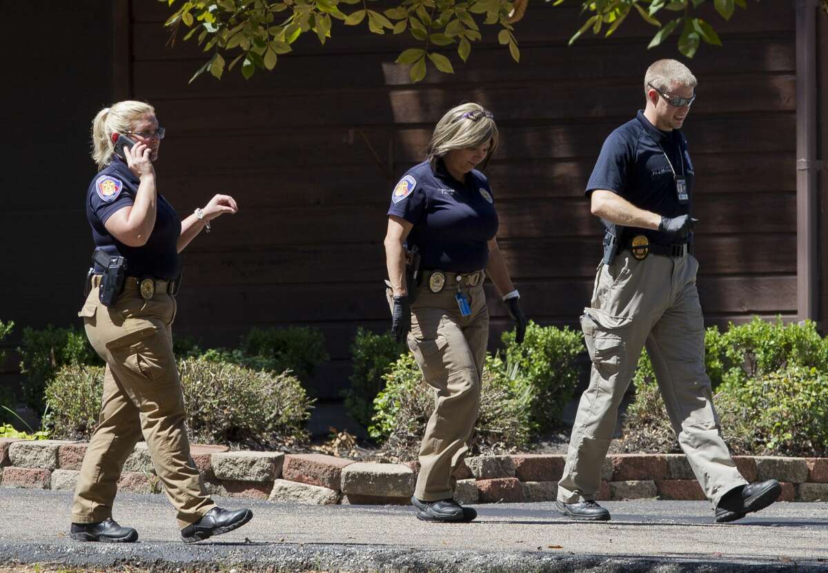 Investigators work the scene of raid at the Shalom Center in connection with the arrest of Manuel La Rosa-Lopez, a former priest at Conroe?•s Sacred Heart Catholic Church, Wednesday, Sept. 19, 2018, in Splendora. La Rosa-Lopez has been charged with four counts of indecency with a child allegedly almost 20 years ago. Rosa-Lopez was released from the Montgomery County Jail on $225,000 bond on September 13.