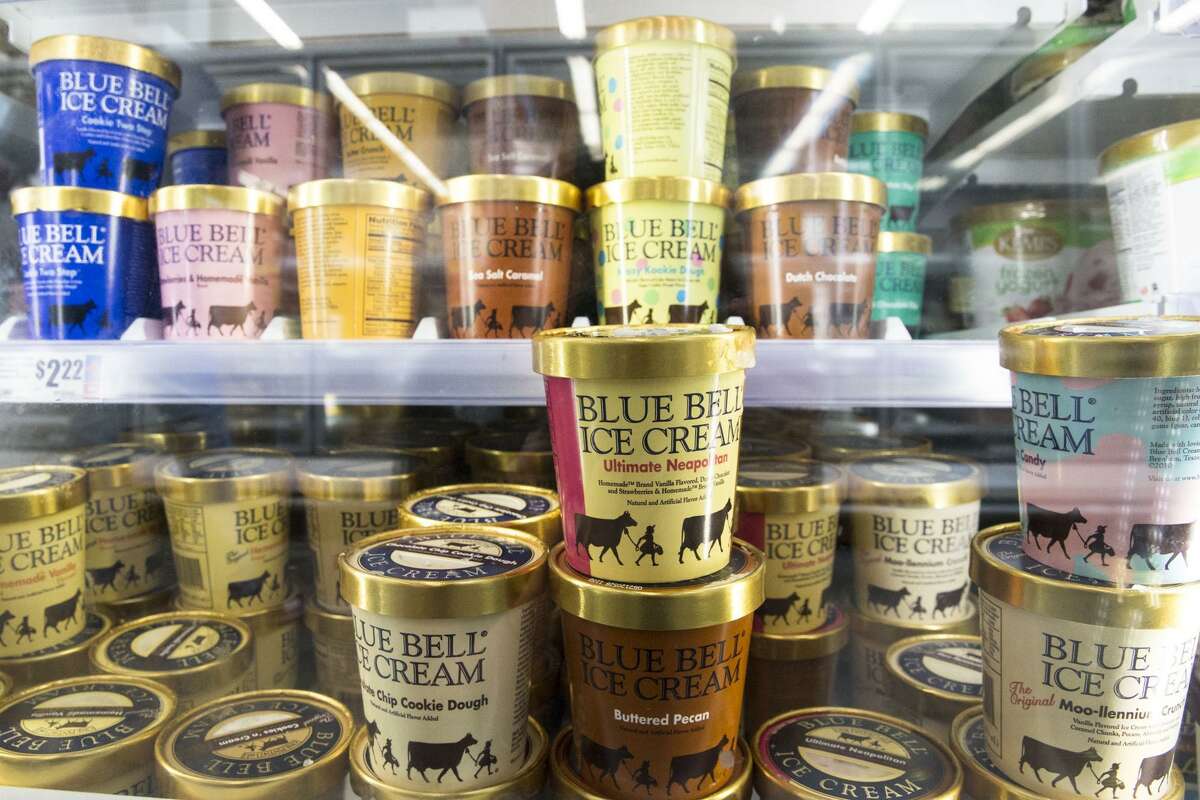 In this Friday, Sep. 14, 2018, photo various Blue Bell ice cream flavors fill up several shelves at the H-E-B at Mueller grocery store in Austin, Texas.