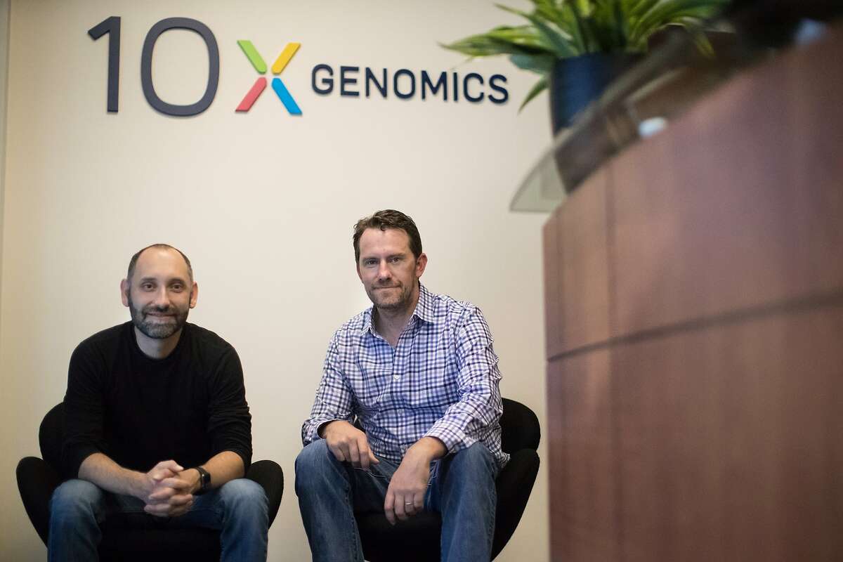 Serge Saxonov, CEO, Co-founder, and Ben Hindson, Chief Scientific Officer, President, Co-founder of 10x Genomics, which makes and sells technology to research labs and pharma companies that develop drugs, pose in their lab's lobby on Thursday, Sept. 13, 2018, in Pleasanton, Calif.