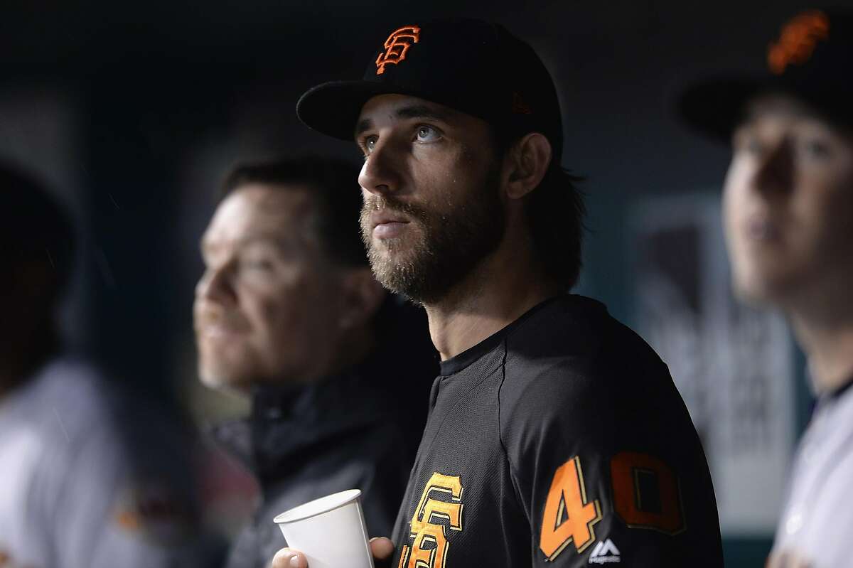 ST. LOUIS, MO - MAY 19: Madison Bumgarner #40 of the San Francisco Giants in the dugout during a game against the St. Louis Cardinals at Busch Stadium on May 19, 2017 in St. Louis, Missouri. ~~