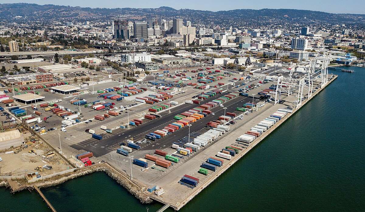 Shipping containers rest at the Charles P. Howard Terminal, a possible location for a new Oakland Athletics baseball stadium, on Monday, Sept. 17, 2018, in Oakland, Calif.