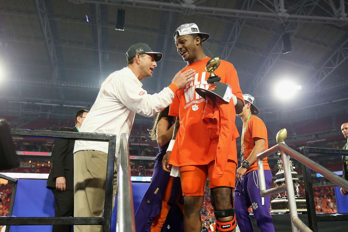 Deshaun Watson and Dabo Swinney teamed to win a national championship at Clemson before the quarterback was drafted by the Texans in 2017.