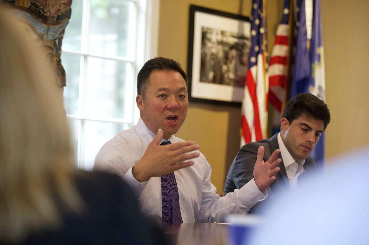 William Tong, candidate for attorney general speaks during a community conversation about environmental challenges and opportunities facing the community and state inside the Bendel Mansion at the Stamford Museum & Nature Center in Stamford, Conn. on Thursday, Sept. 20, 2018. Tong was joined by Democrats Alex Bergstein, a candidate for State Senate - 36th District, and Matt Blumenthal, a candidate for State Representative - 147th District.