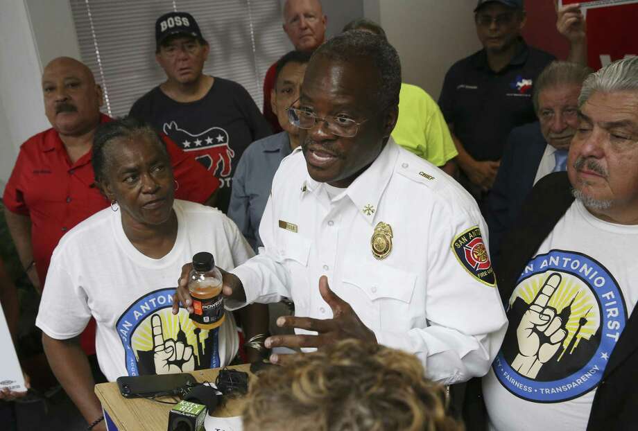 San Antonio Professional Firefighters Association President Chris Steele answers questions from the media after the Bexar County Democratic Party announced their support for the unionÕs three propositions, Thursday, Sept. 20, 2018. Photo: JERRY LARA / San Antonio Express-News / © 2018 San Antonio Express-News