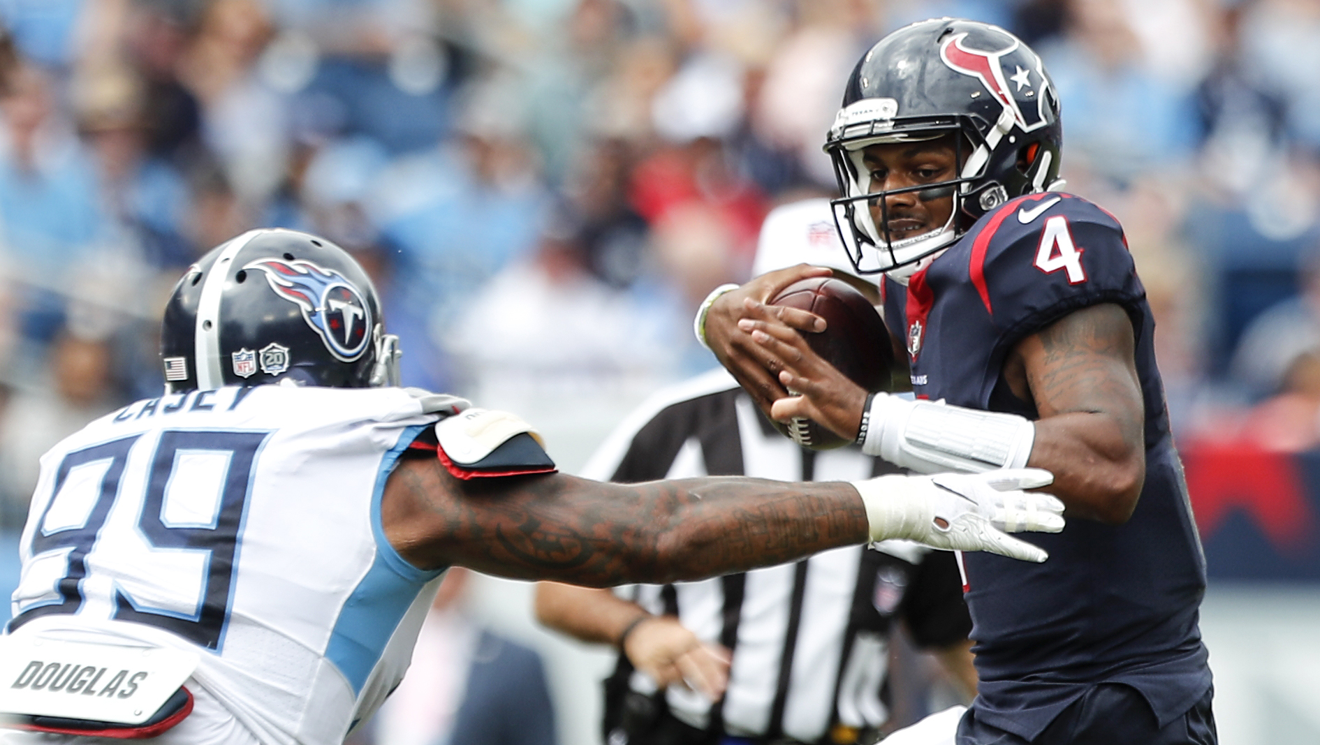 Tennessee Titans defensive end Jurrell Casey (99) looks back