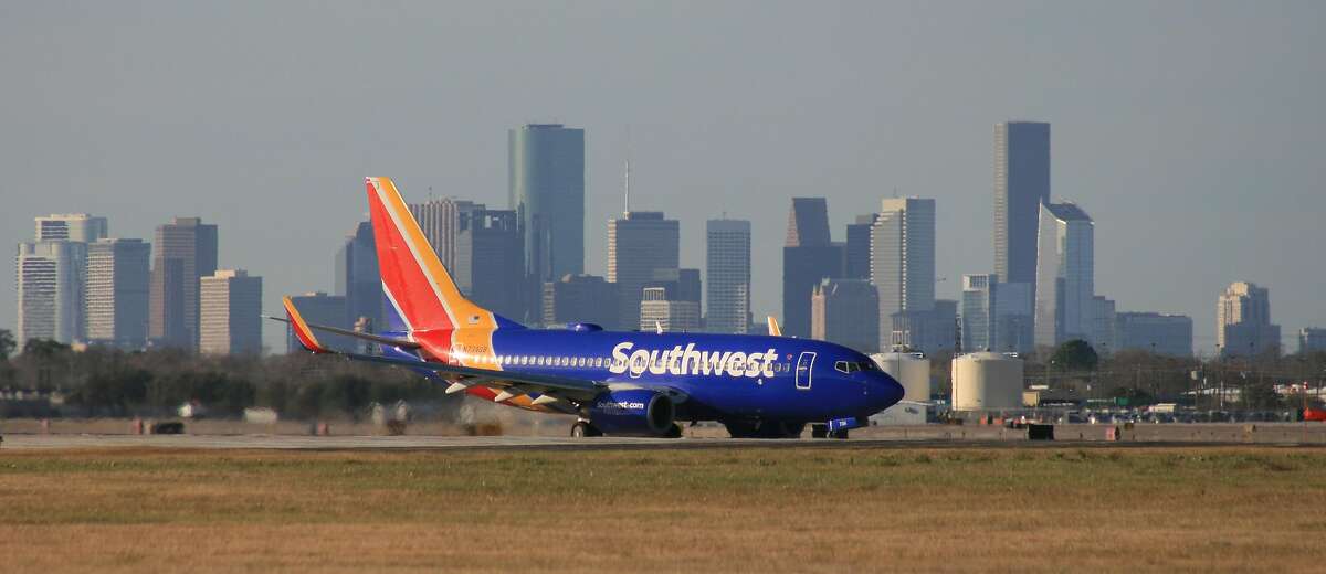 A Southwest Airlines Boeing 737 taxis after landing at Houston's Hobby Airport.