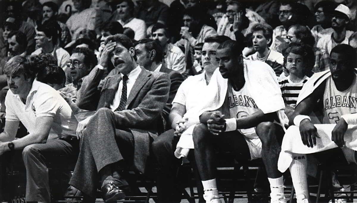Phil Jackson wipes his forehead during an Albany Patroons basketball game in Albany, NY. (Times Union archive)