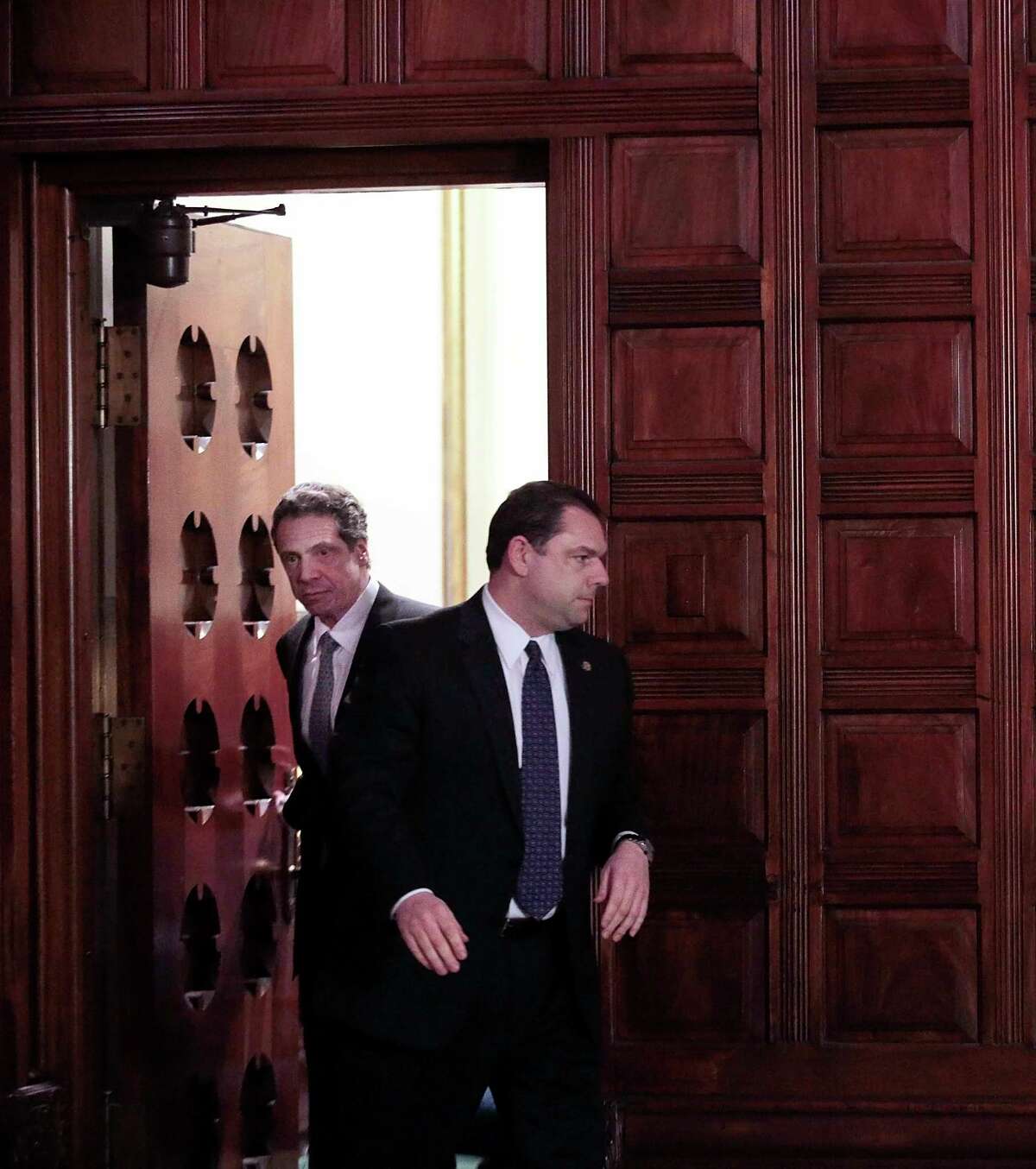 FILE -- Joseph Percoco, right, with Gov. Andrew M. Cuomo of New York in Albany, New York, Feb. 27, 2013. Percoco, a former aide to Cuomo, is among those facing charges in a federal investigation announced Sept. 22, 2016, into the administration?’s attempts to lure jobs and businesses to upstate New York. (Nathaniel Brooks/The New York Times) ORG XMIT: XNYT1