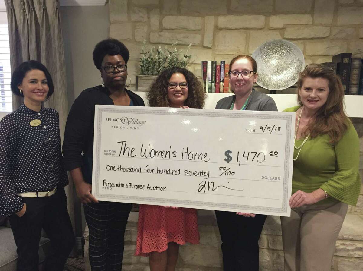 Belmont Village presented a check to representatives of The Women’s Home for funds raised at the “Purses with a Purpose” event. Shown, from left, are Katie Cemer, Belmont Village; Tonya Marina, Belmont Village; Jenna Jackson, The Women’s Home; Rebekah Cornelius, The Women’s Home; and Atriza Amolochitis, Belmont Village.