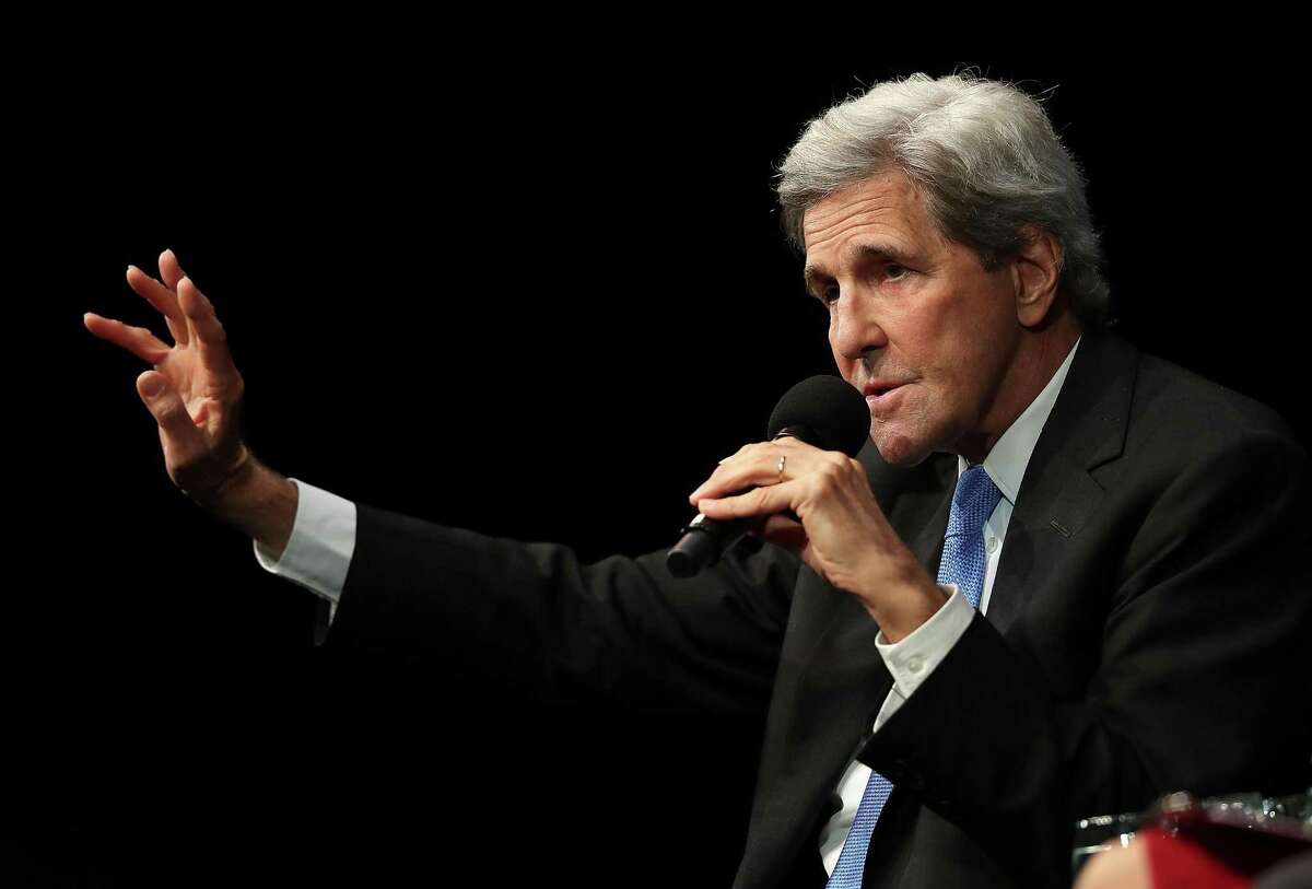 Former U.S. Secretary of State John Kerry speaks during a Commonwealth Club of California event at the Marines’ Memorial Theatre in San Francisco.