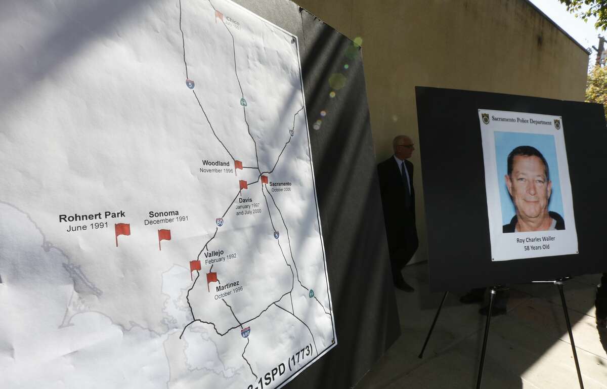A map, left marks where a series of rapes in Northern California occurred starting in 1991, is displayed during a news conference Friday, Sept. 21, 2018, in Sacramento, Calif. Suspect Roy Charles Waller, 58, seen in photo at right, was taken into custody in Berkeley by Sacramento Police, Wednesday Sept. 20, 2018, and faces multiple counts of rape.(AP Photo/Rich Pedroncelli)