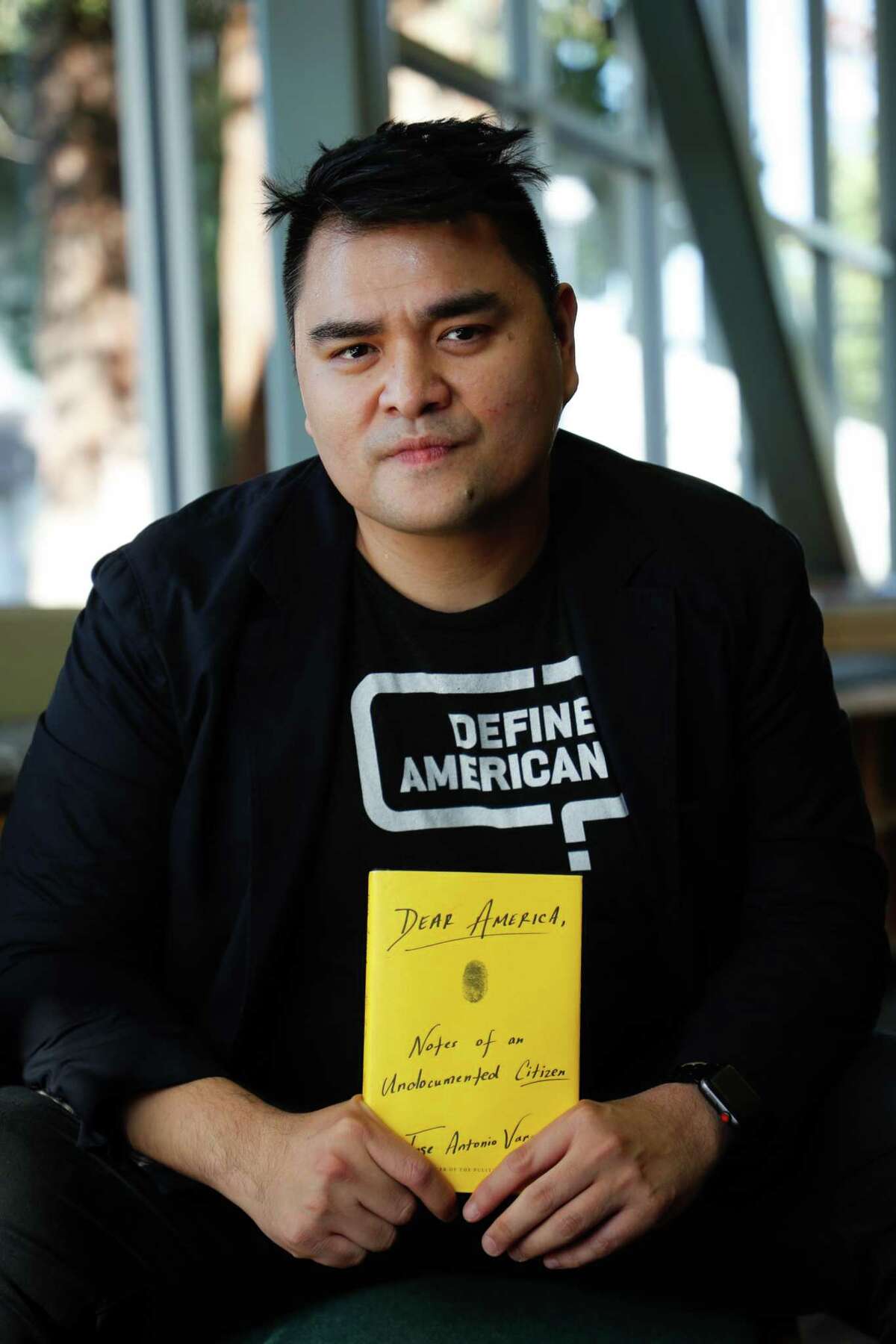 Pulitzer Prize-winning journalist and founder of Define American Jose Antonio Vargas poses for a portrait as he attends a private book-launch event for his new book “Dear America: Notes of an Undocumented Citizen.”