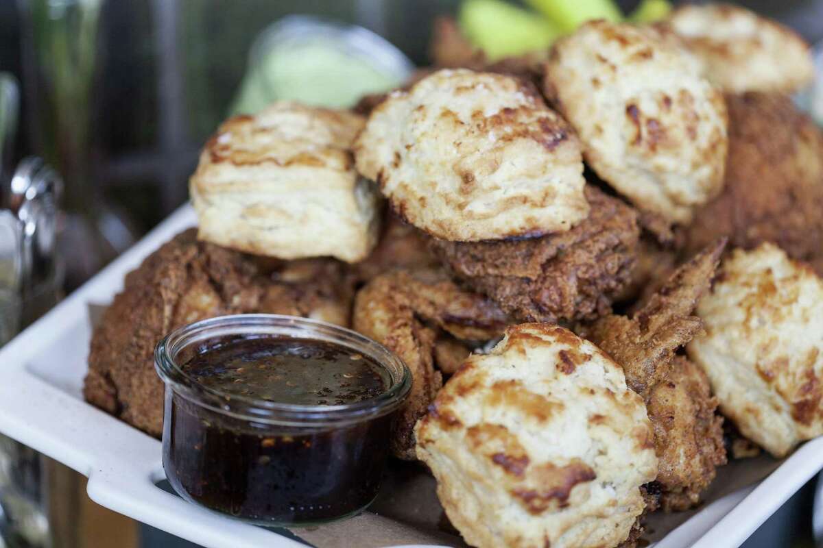 Fried chicken and biscuits from La Lucha, chef Ford Fry's homage to his childhood visits to the San Jacinto Inn.