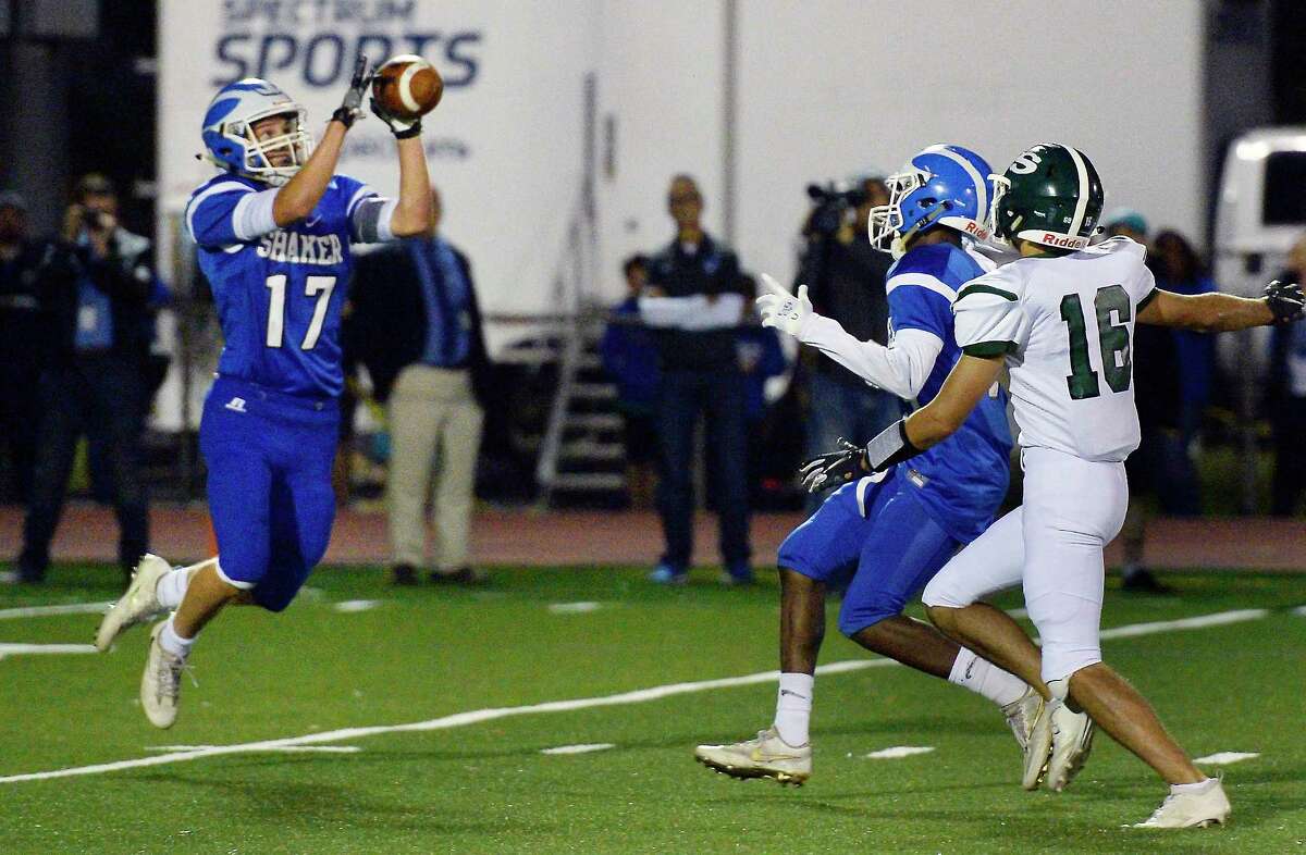 Shaker's #17 Shane Lavender intercepts a Shenendehowa pass during Friday night's game Sept. 21, 2018 in Colonie, NY. (John Carl D'Annibale/Times Union)