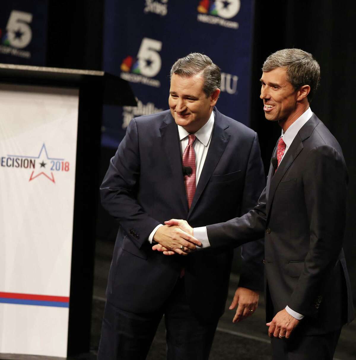 U.S. Sen. Ted Cruz, R-Texas, and Rep. Beto O'Rourke, D-Texas, appear after a debate at McFarlin Auditorium at Southern Methodist University in Dallas on Friday, Sept. 21, 2018.