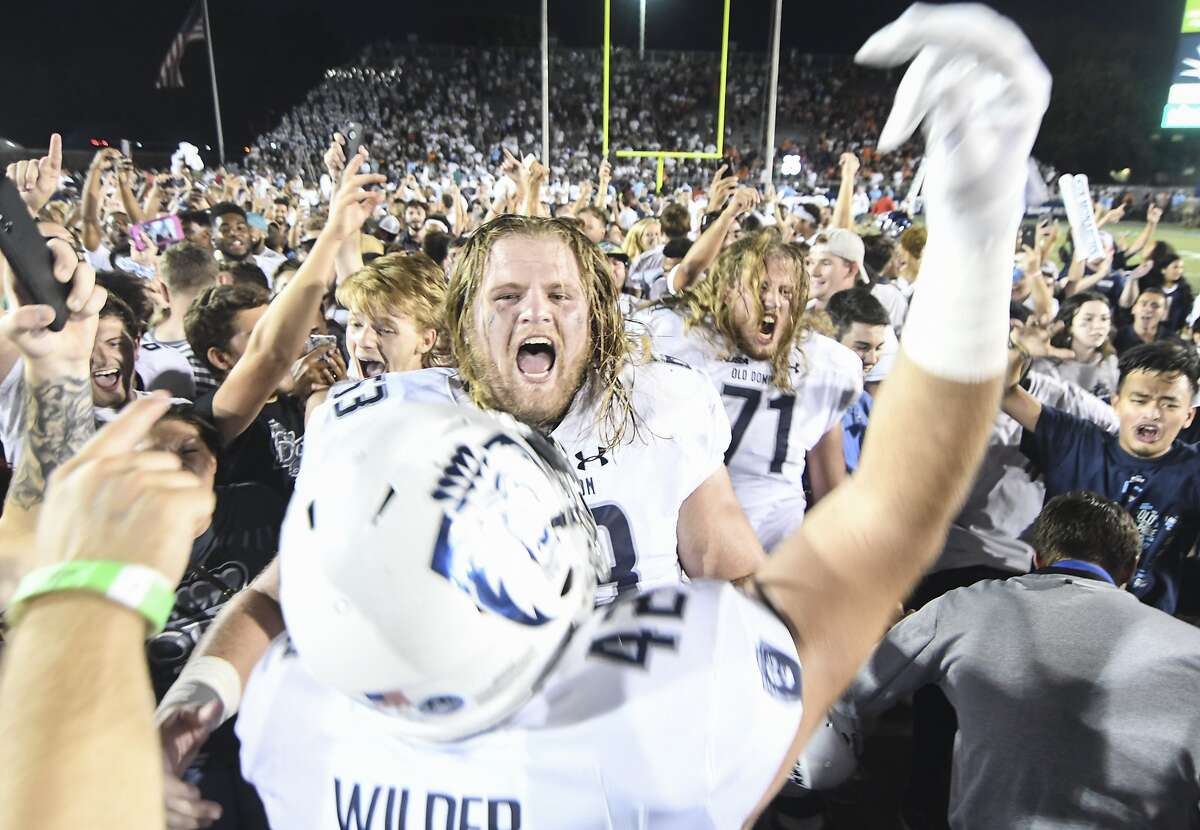 BLACKSBURG, VA - SEPTEMBER 22: Offensive lineman Nick Clarke #63 of the Old Dominion Monarchs celebrates the victory against the Virginia Tech Hokies at S. B. Ballard Stadium on September 22, 2018 in Norfolk, Virginia. (Photo by Michael Shroyer/Getty Images)