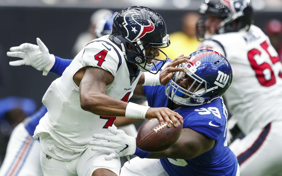 PHOTOS: Current NFL players from Houston  Houston Texans quarterback Deshaun Watson (4) is sacked by New York Giants defensive end Mario Edwards (99) during the fourth quarter of an NFL football game at NRG Stadium on Sunday, Sept. 23, 2018, in Houston. >>>See photos of current NFL players from Houston ... 