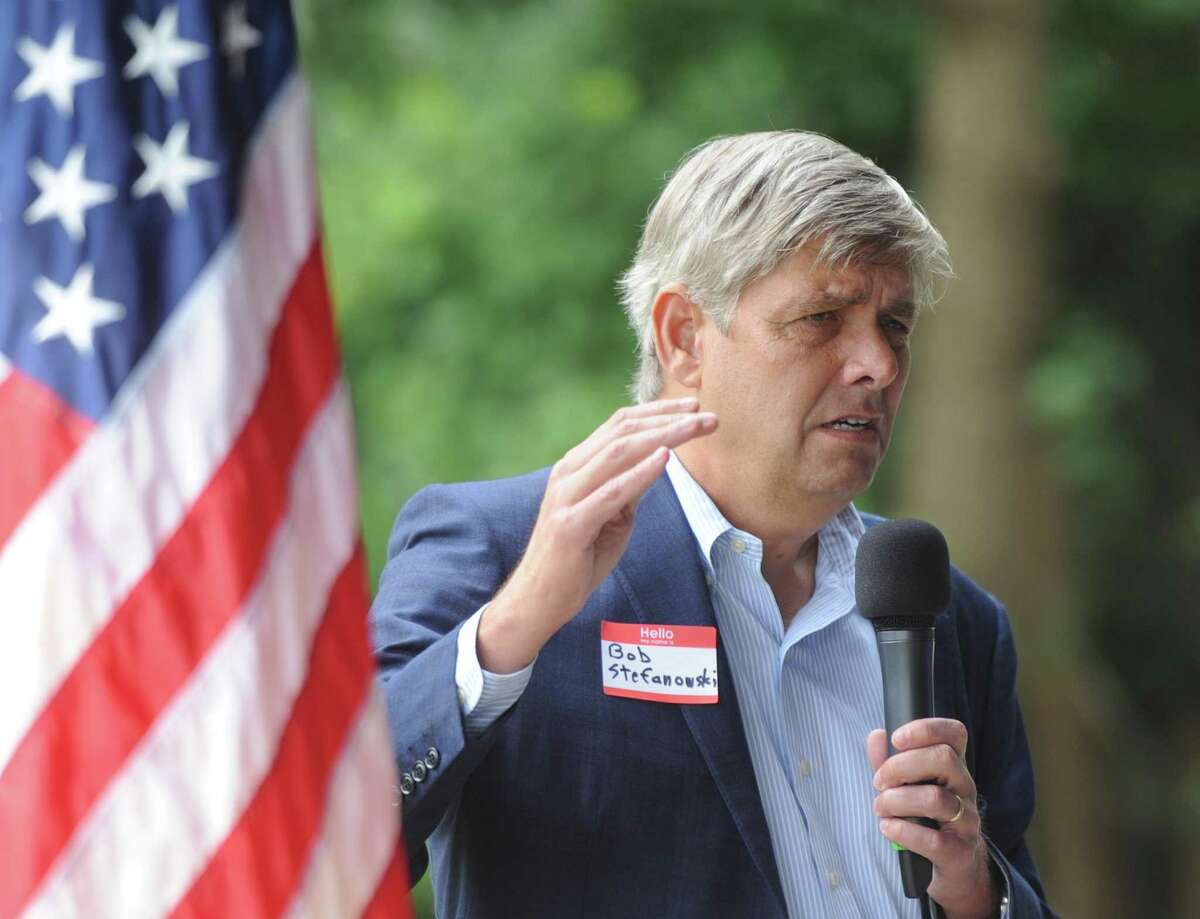 Republican gubernatorial candidate Bob Stefanowski speaks at the 87th annual Cos Cob Republican Clambake at Greenwich Point Park in Old Greenwich, Conn. Sunday, Sept. 23, 2018.