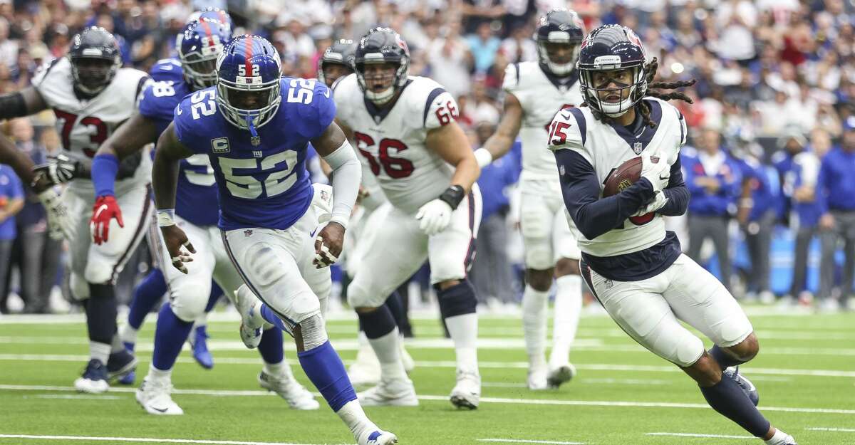 PHOTOS: Texans vs. Giants Houston Texans wide receiver Will Fuller (15) runs the ball in for a touchdown during the second half as the Houston Texans take on the New York Giants at NRG Stadium Sunday Sept. 23, 2018 in Houston. Browse through the photos to see action from the Texans' home opener against the Giants.