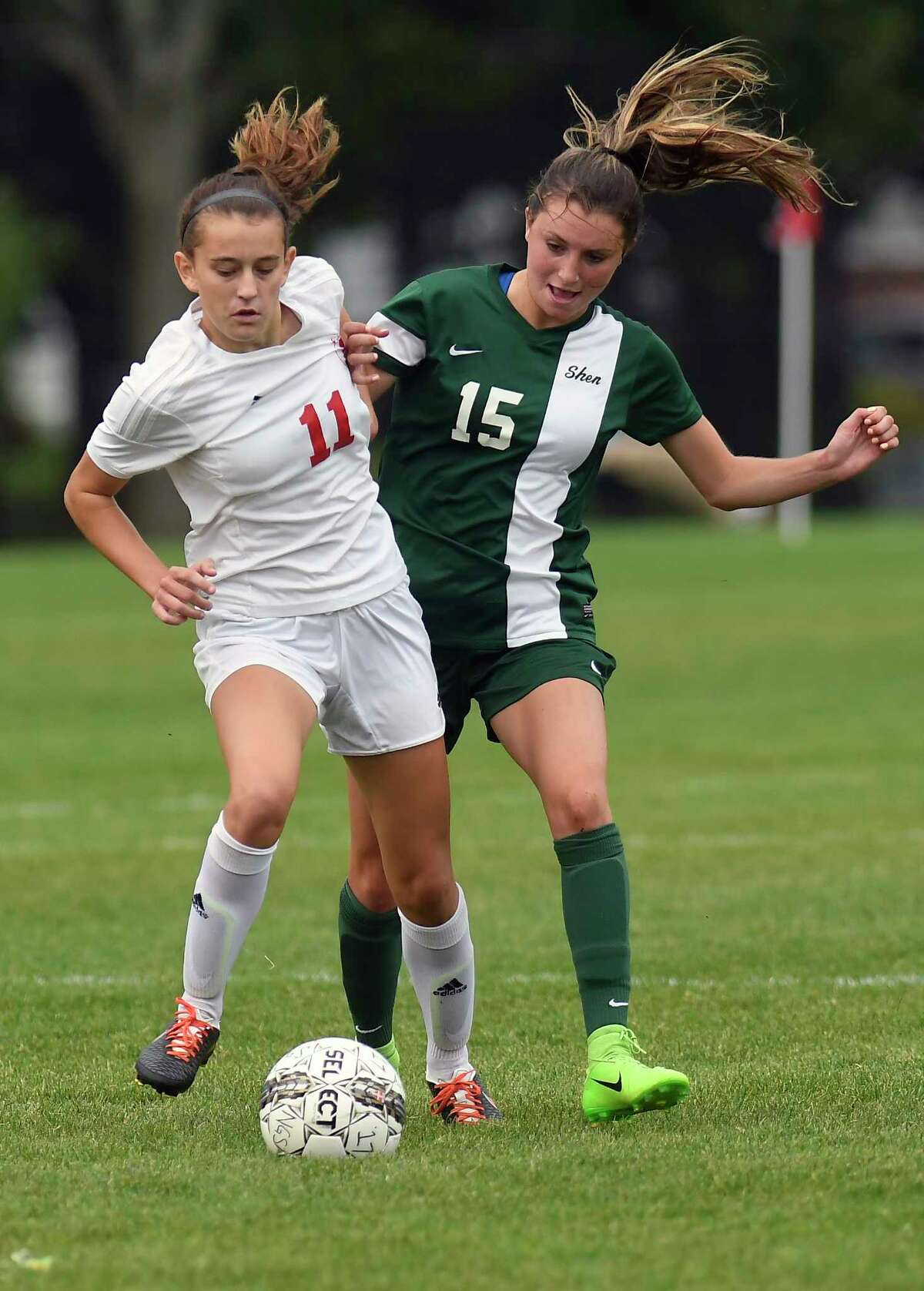 Niskayuna's Olivia Piraino (11) and Shenendehowa's Isabella Guarracino (15) battle for the ball during a Section II Class AA girls' high school soccer game in Niskayuna, N.Y., Tuesday, Sept. 5, 2017. (Hans Pennink / Special to the Times Union) ORG XMIT: HP110