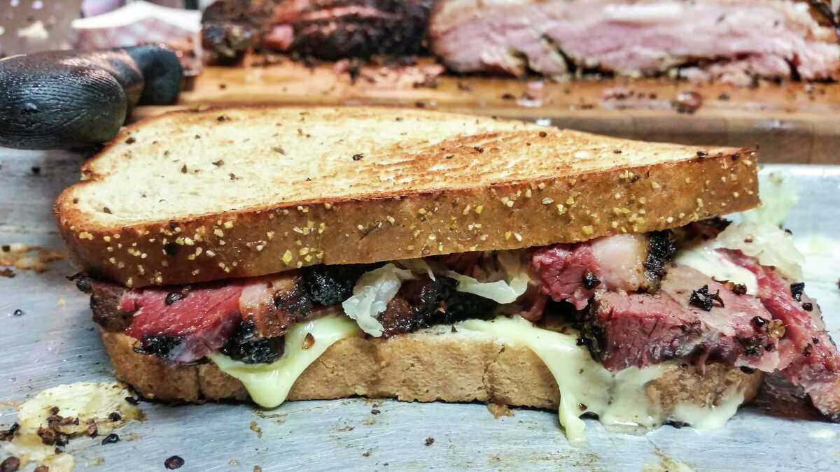 Reuben-style sandwich with house-smoked pastrami at Roegels Barbecue Co.