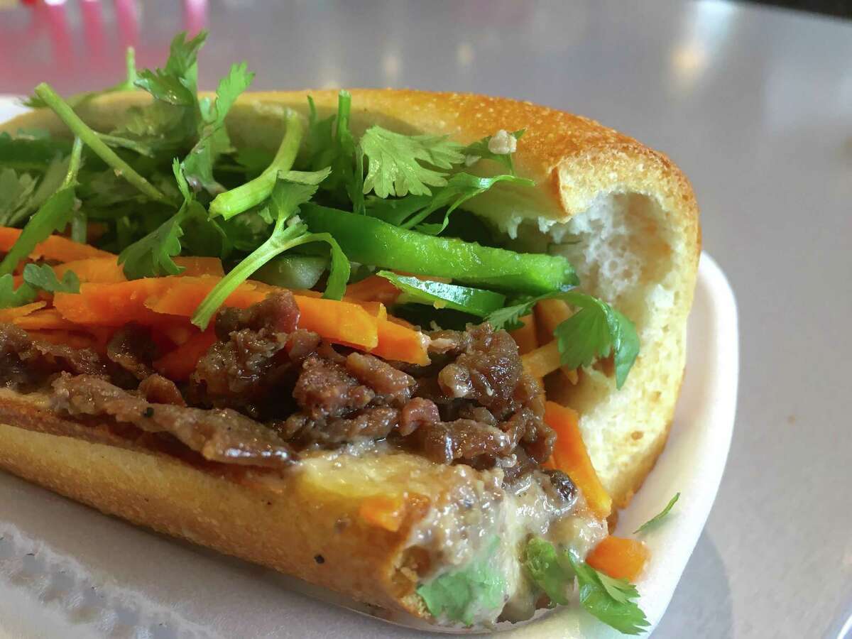Chopped rib-eye banh mi with housemade pate at Roostar Vietnamese Grill