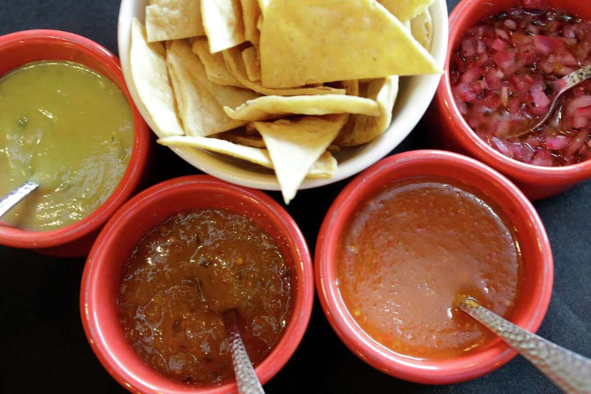 Four different salsas with house-fried totopos at Saltillo Mexican Kitchen