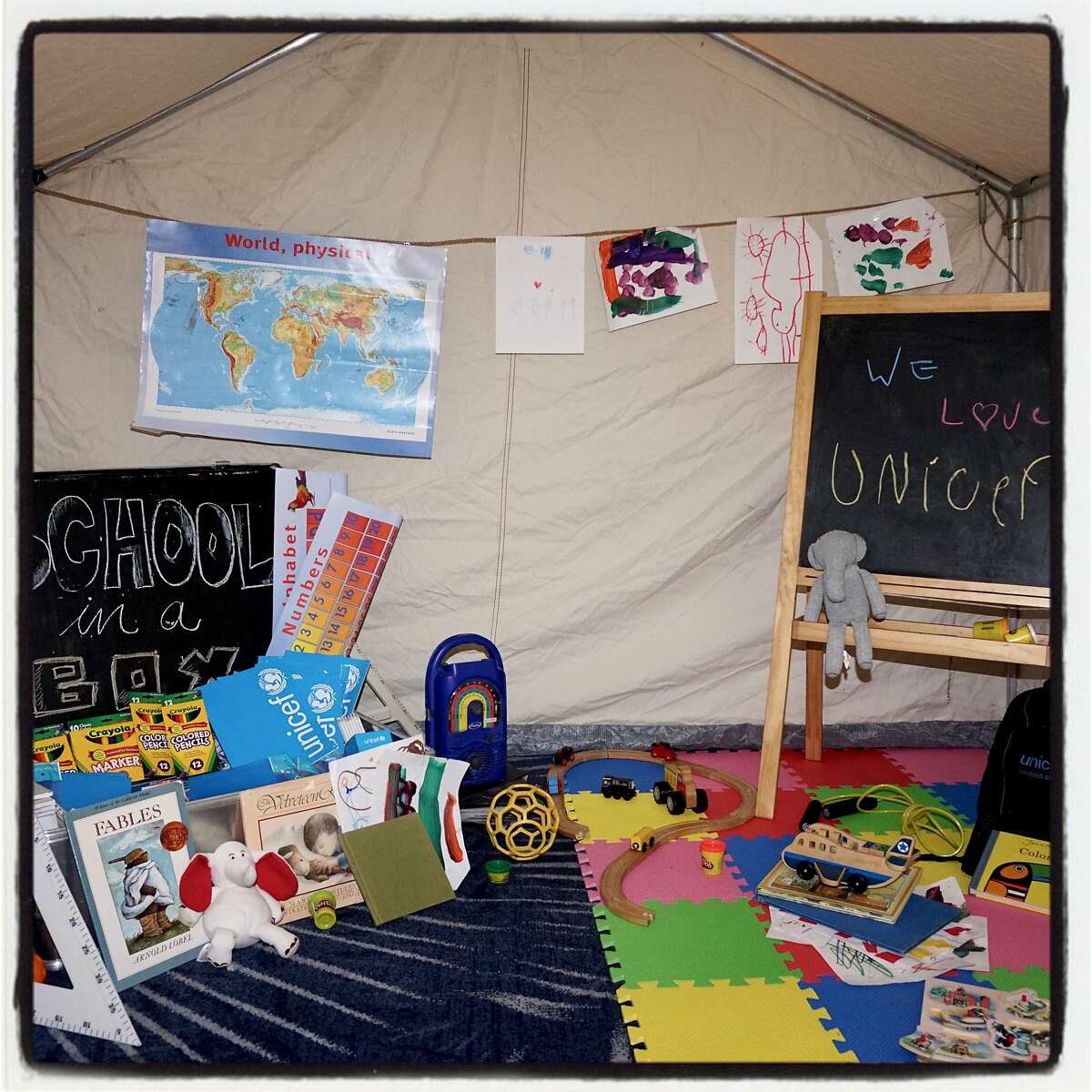 Interior of a mobile education tent at the UNICEF gala. Sept. 22, 2018.