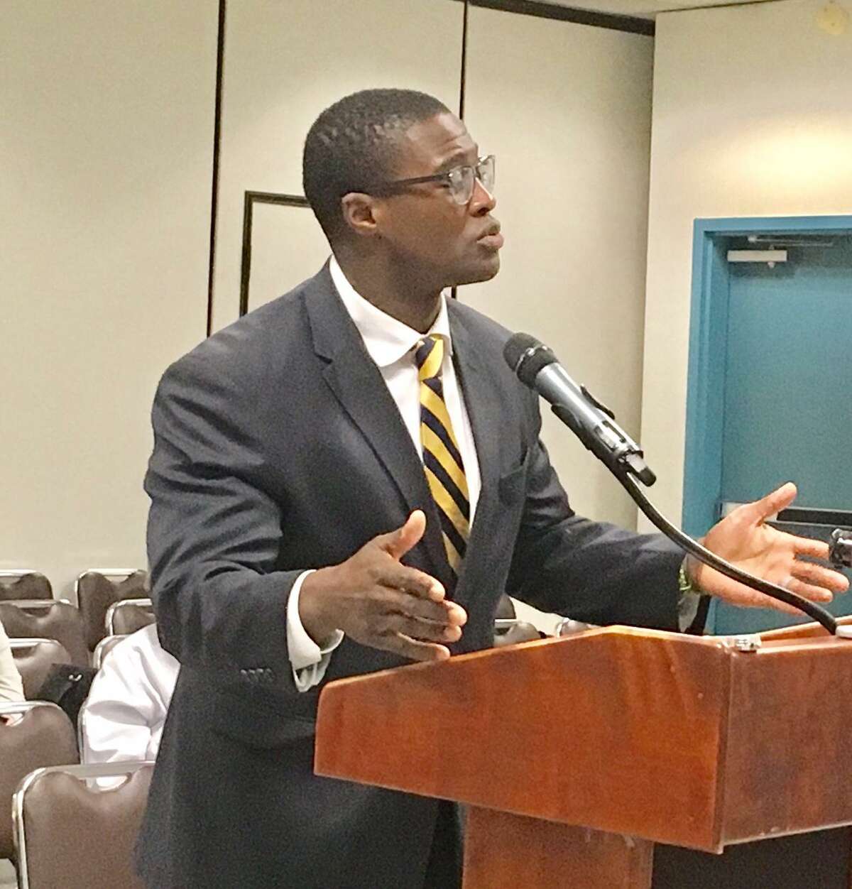 Harding High School Principal Dane Brown addresses Bridgeport Board of Education on Sept. 24, 2018.