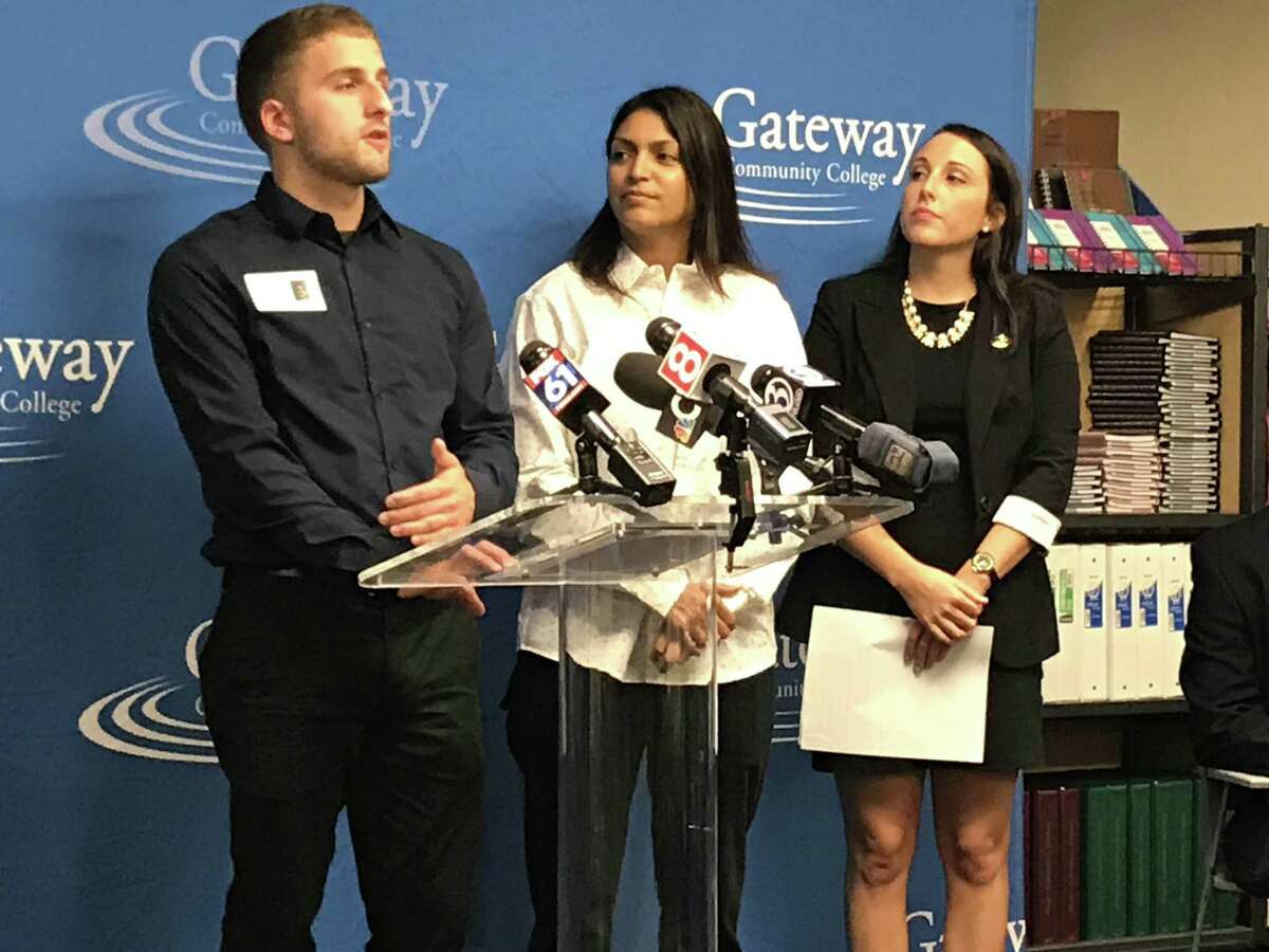 From left, Andrew Albert, a Southern Connecticut State University student by way of Tunxis Community College; Monica Maldonado, a Gateway Community College student; and Sage Maier, a Tunxis Community College student, speak at an event at Gateway in New Haven on Tuesday.