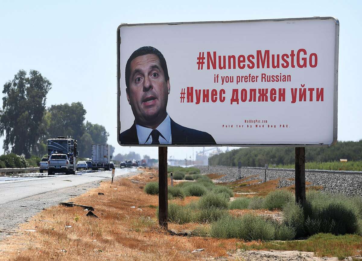 A billboard expressing opposition to local Republican incumbent Devin Nunes, who is up for re-election in the November mid-term elections, is seen on highway 99 which runs through his hometown of Tulare, California on September 9, 2018. - Nunes, the House Intelligence Committee chairman, recently gained national attention over the committees investigation into Russian election meddling. (Photo by Mark RALSTON / AFP)MARK RALSTON/AFP/Getty Images