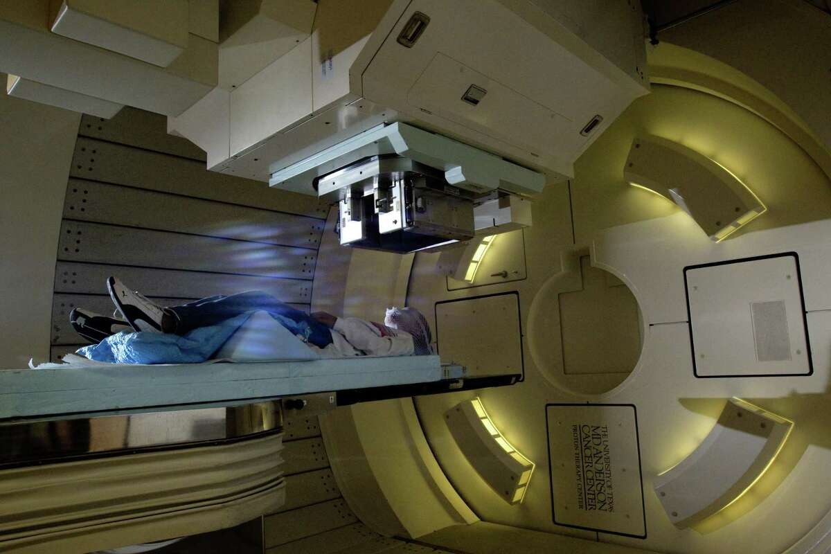 A patient waits in the proton gantry before receiving treatment for a brain tumor at MD Anderson Proton Therapy Center.