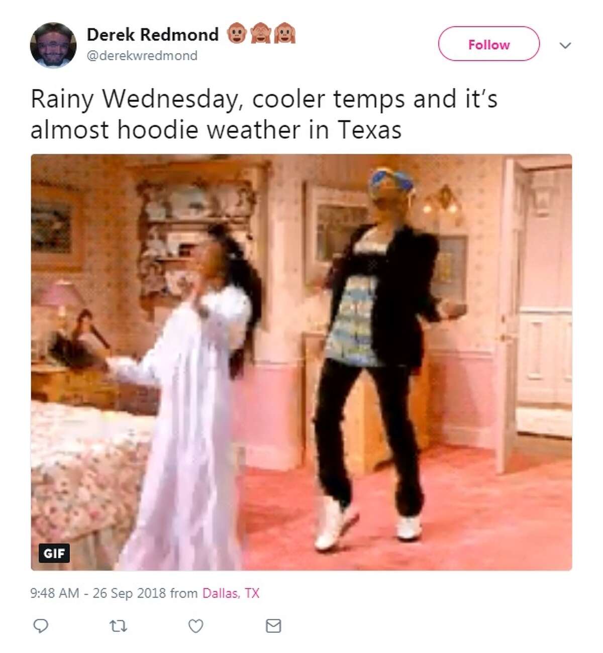 Twitter/@derekwredmond: Rainy Wednesday, cooler temps and it's almost hoodie weather in Texas