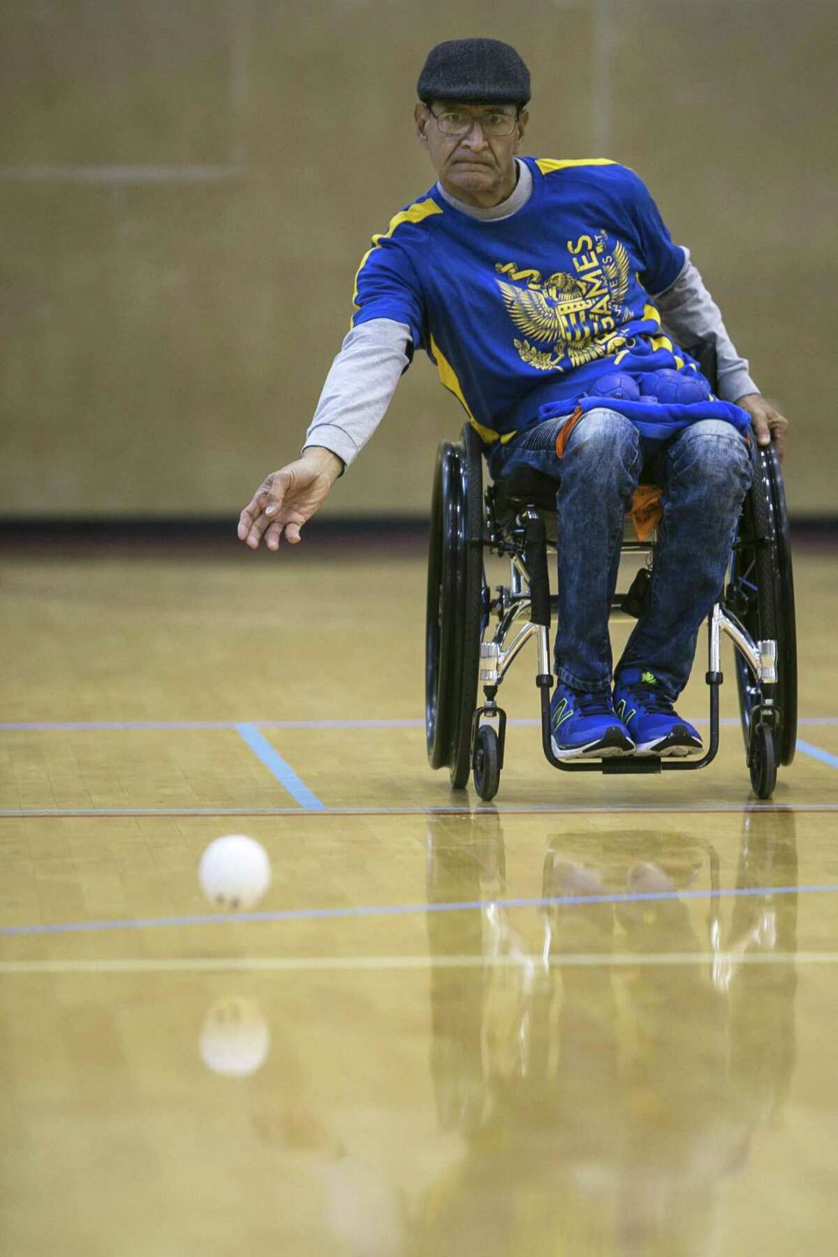 Nook Gustamange tosses his Boccia ball during the Valor Games Southwest held at Mission Concepcion Sports Park in San Antonio Wednesday, Sept. 26, 2018. Veterans and service members with physical disabilities gathered together to compete and celebrate sports as a means of empowering people and strengthening the community.