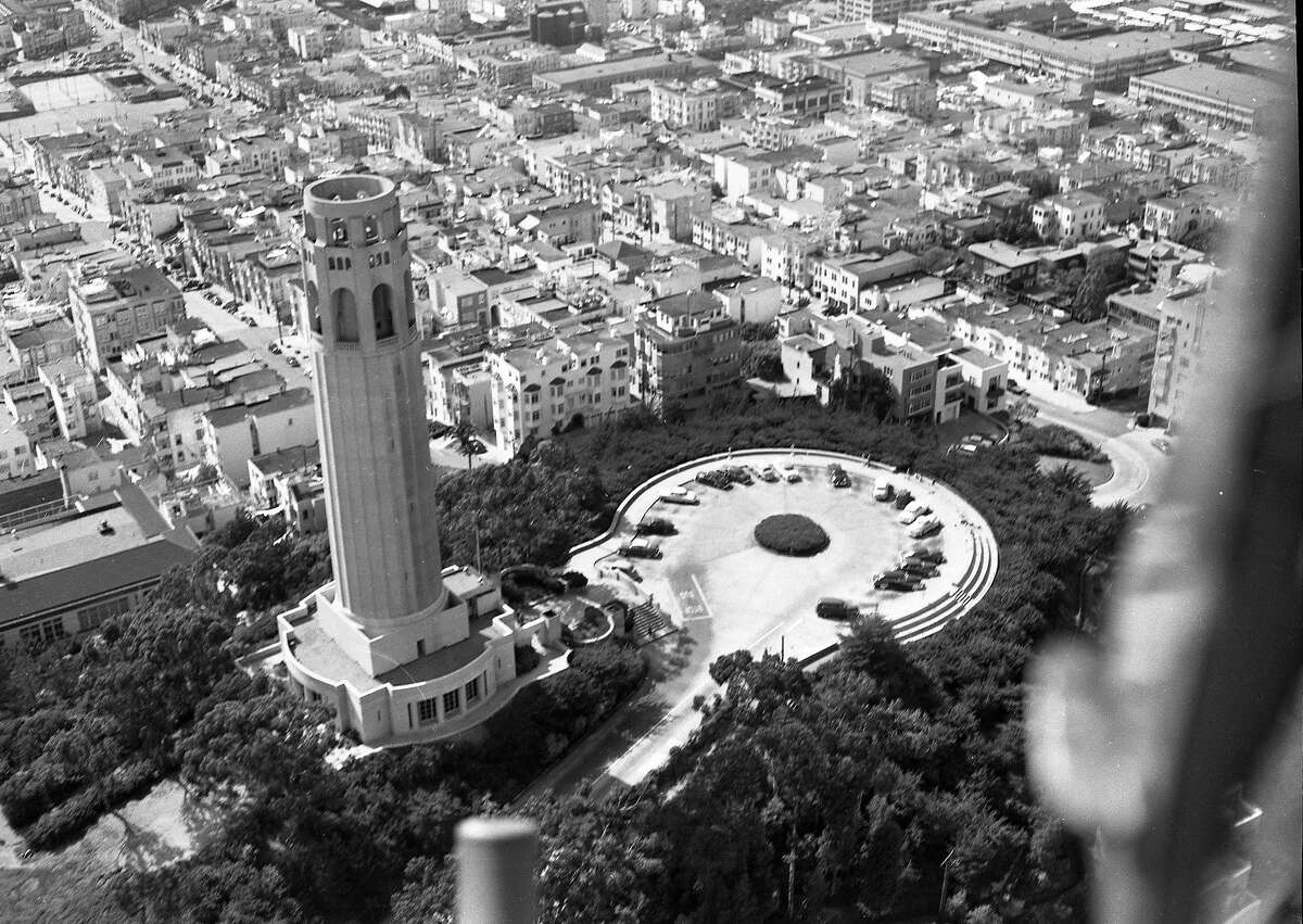 An aerial view of Coit Tower from a helicopter, 1952.