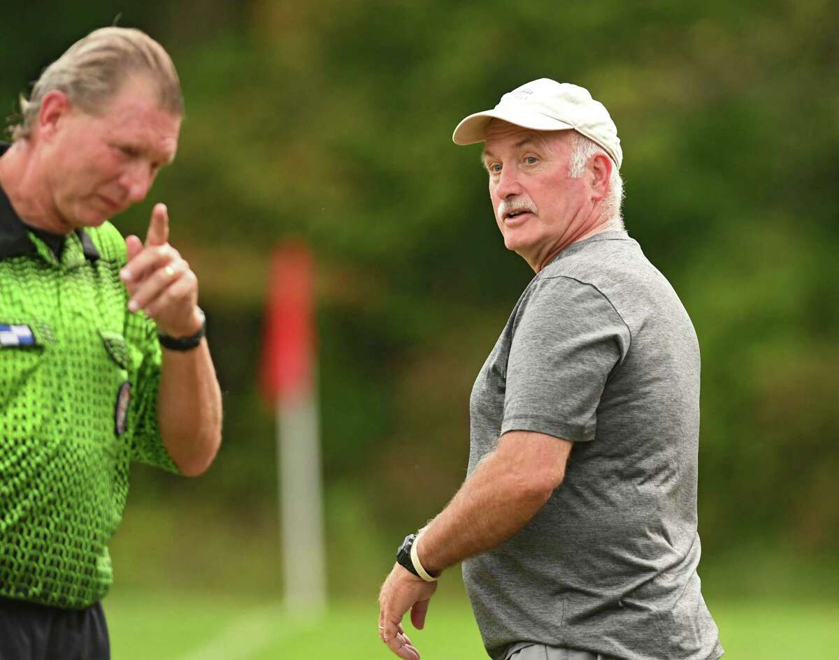 Maple Hill coach Dan Gillespie looks at a referee during a soccer game against Taconic Hills on Wednesday, Sept. 26, 2018 in Schodack, N.Y. (Lori Van Buren/Times Union)