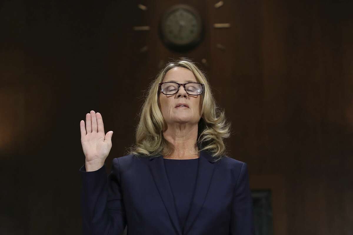 Christine Blasey Ford is sworn in before the Senate Judiciary Committee, Thursday, Sept. 27, 2018 in Washington. (Win McNamee/Pool Image via AP)