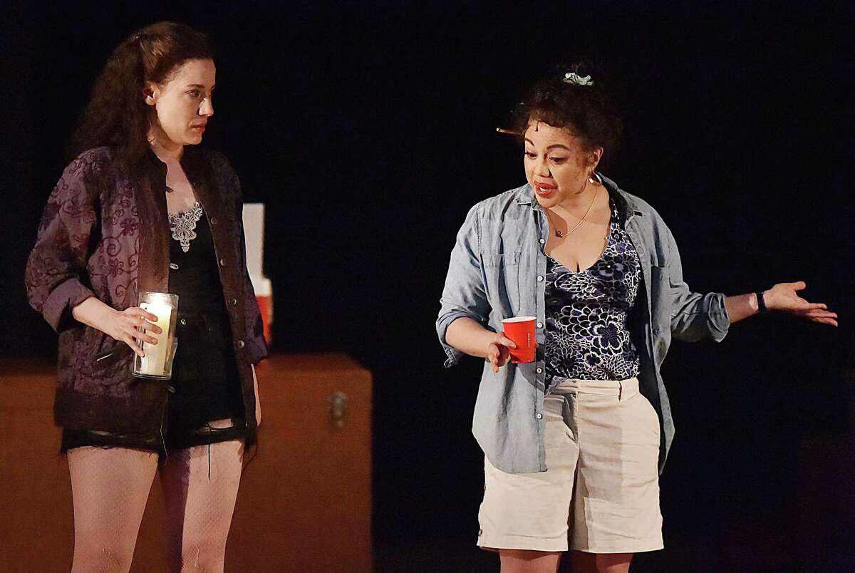 Irene Sofia Lucio as Miranda and Maria-Christina Oliveras as Ximena perform at dress rehearsal in El Huracán at University Theatre, 222 York Street in New Haven, Tuesday, September 25, 2018. Performances run from September 29 to October 20, 2018.