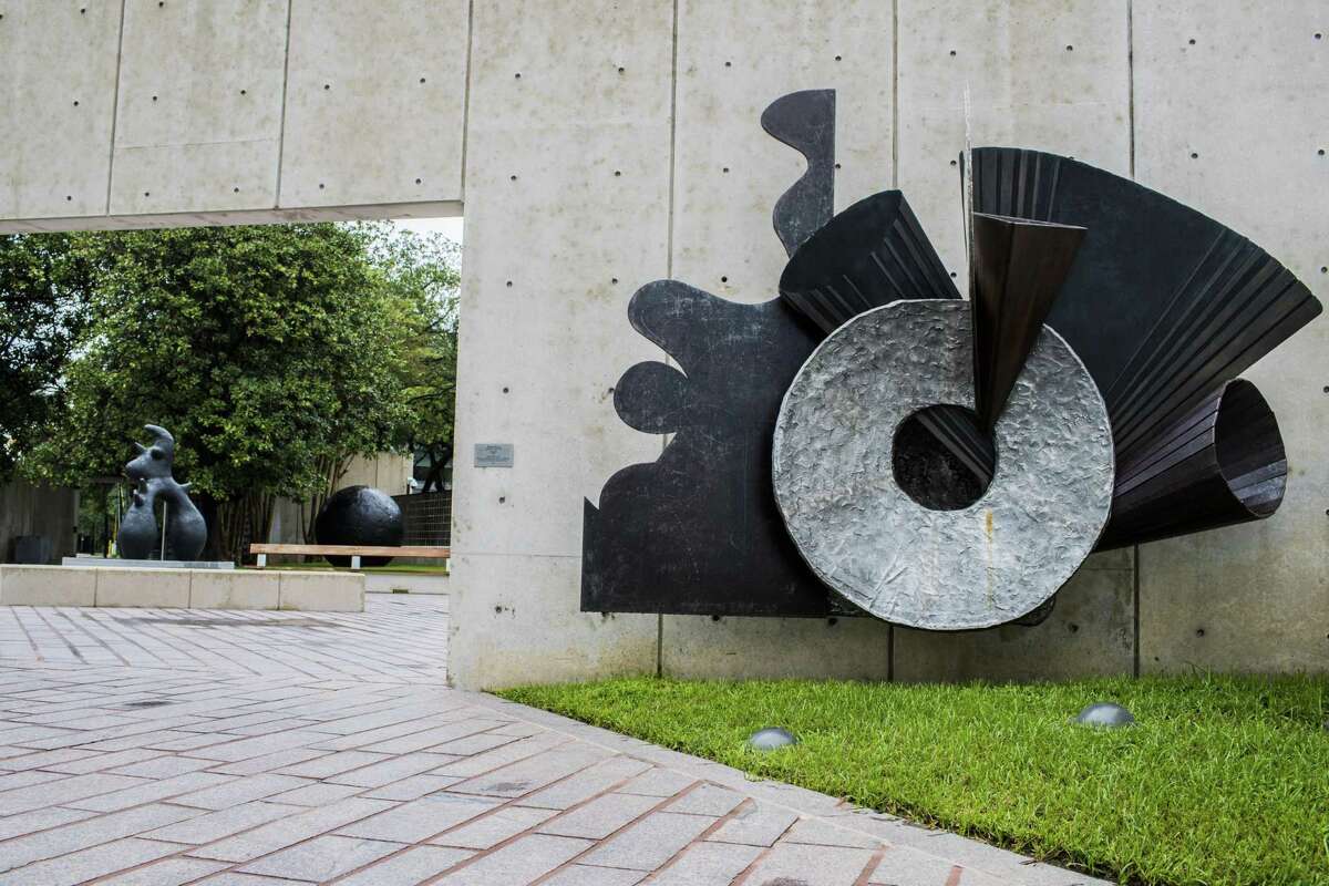 Frank Stella's sinuous and lively “Decanter” is on a tall wall just inside the garden, within view of Joan Miro’s sturdy “Bird.”