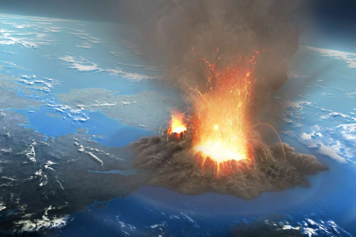 Illustration of a supervolcano eruption seen from an altitude of around 40 km. These eruptions form ash clouds that can reach tens of kilometres into the sky. Eventually the ash cloud collapses, sending avalanches of dust, ash and incandescent rock away from the eruption site at high speeds, hugging the ground in a pyroclastic flow.